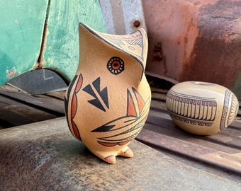 Vintage Jemez Pottery Owl Figurine Approx 4" Tall Signed GM, Native American Art