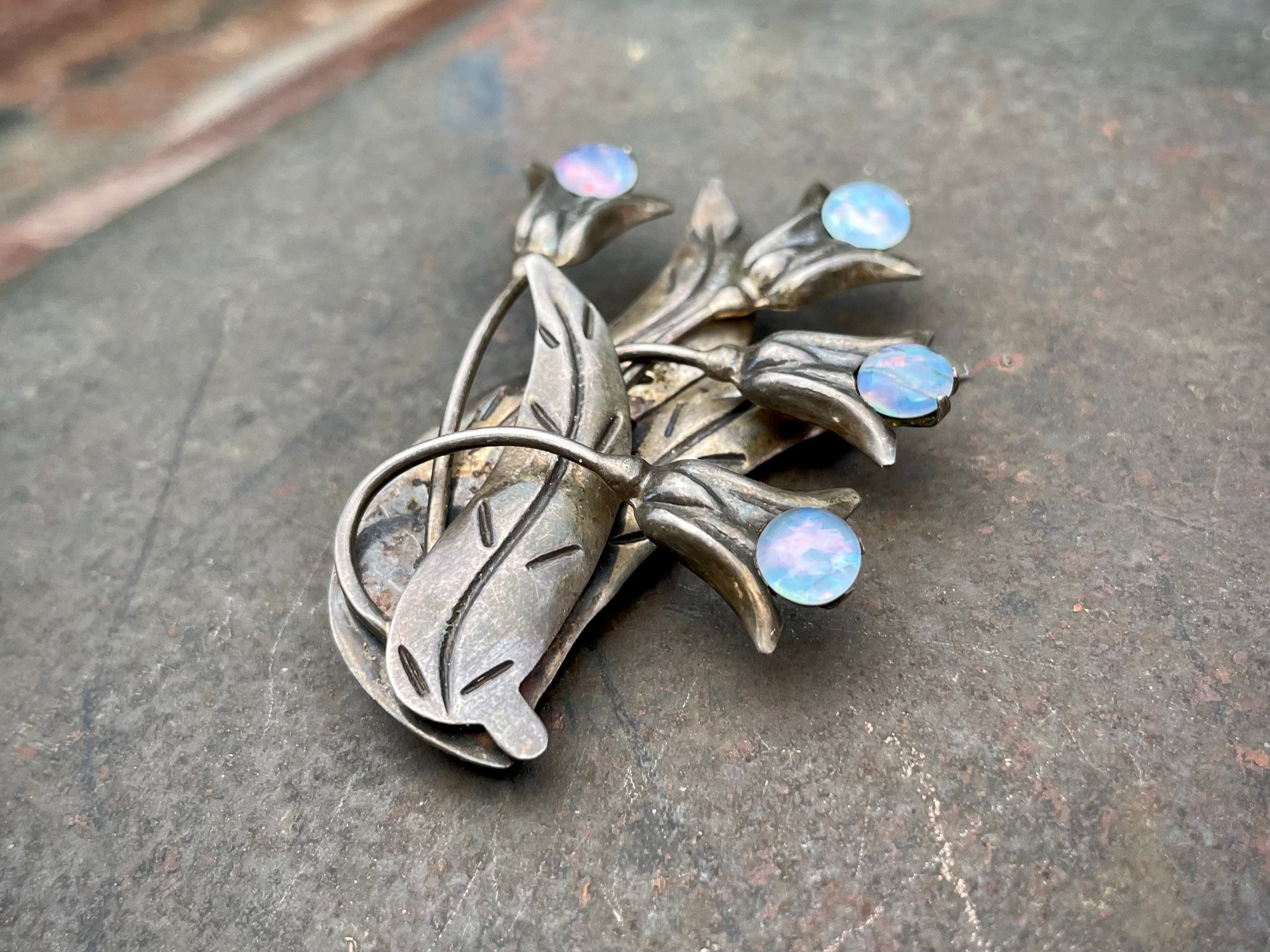 Vintage Sterling Silver and Opal Flower Brooch Pin for