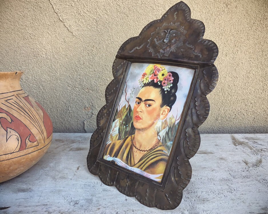 Vintage Mexican Tin Picture Frame with Frida Kahlo Book Print Wall