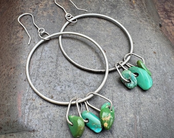 Vintage Round Wire Dangle Earrings Approx 3.5" Long w/ Reused Tabs Natural Green Turquoise