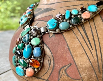 Vintage Navajo Emer Thompson Turquoise Multi-Stone Lariat Necklace 21", Authentic Native American