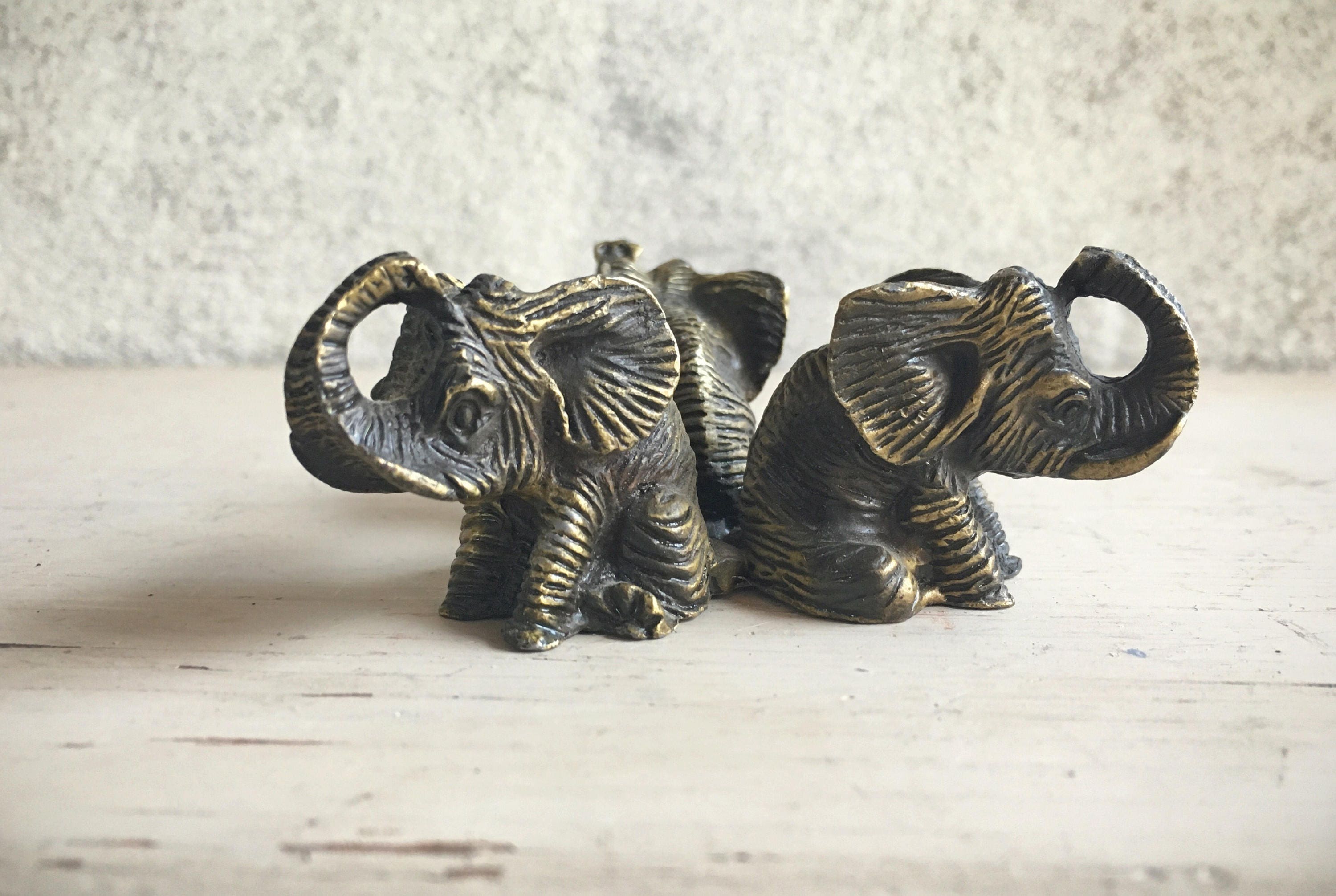 Adorable Miniature Brass Figurine Three Elephants Vintage Brass Decor