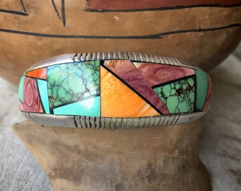 Navajo Frank Yellowhorse Channel Inlay Cuff Bracelet Turquoise Spiny Oyster, American Indian