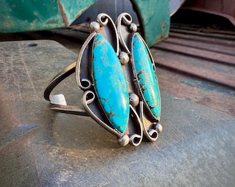 Vintage Turquoise Cuff Bracelet Approx Size 6 Butterfly Design, Signed RL, Old Pawn