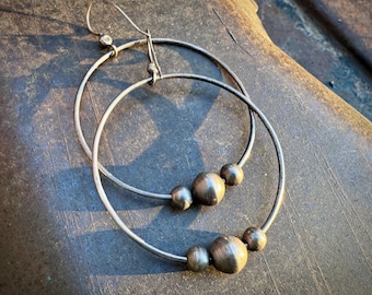 Lightweight Silver Hoop Earrings with Beads, Vintage Southwestern Jewelry