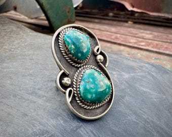 Two Stone Turquoise Ring Approx Size 8, Native American Indian Jewelry Navajo Old Pawn
