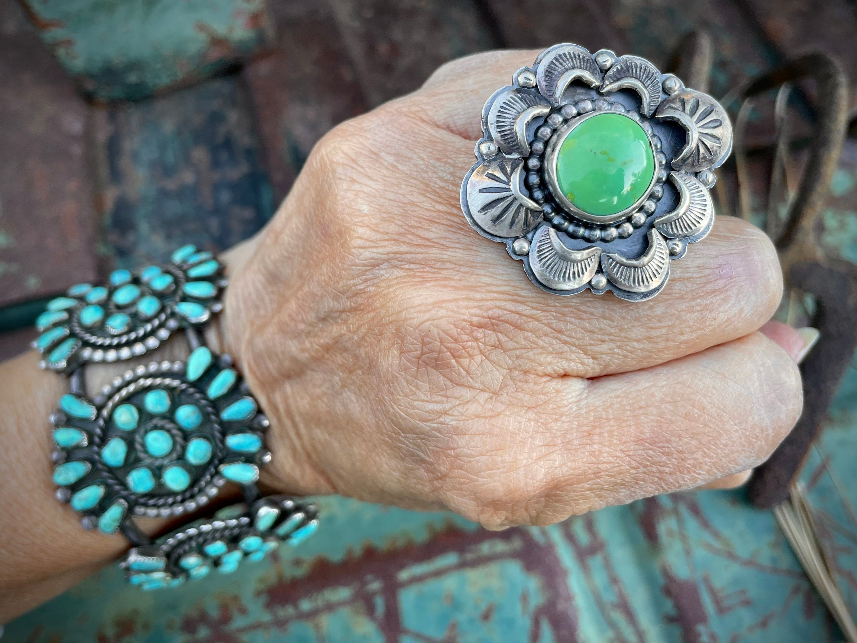 Navajo James (Jimmy) Lee Green Turquoise Ring Size 7 for Women