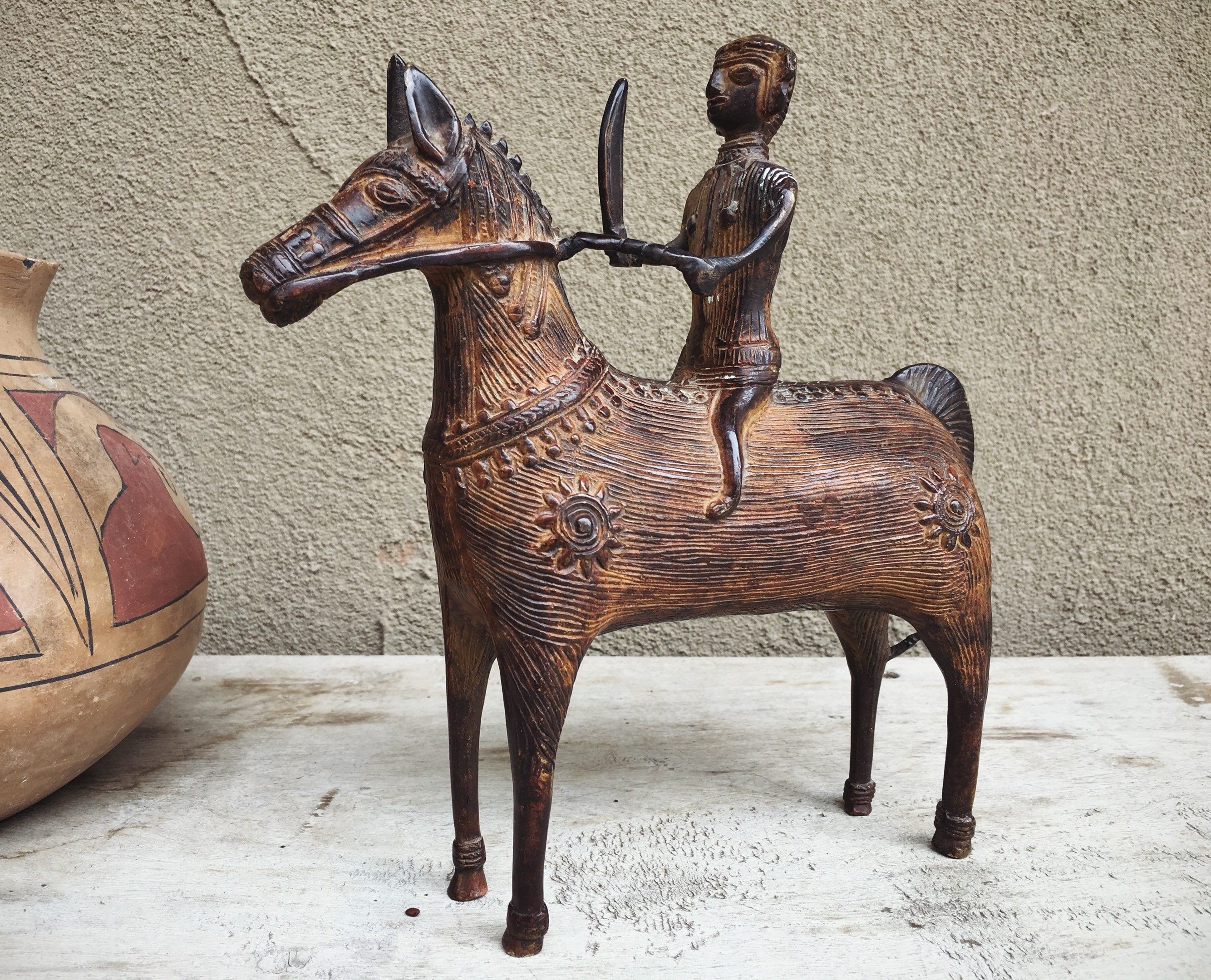 Vintage Tribal India Cast Bronze Bastar Dhokra Lost Wax Statue Warrior on Horse, Primitive Art
