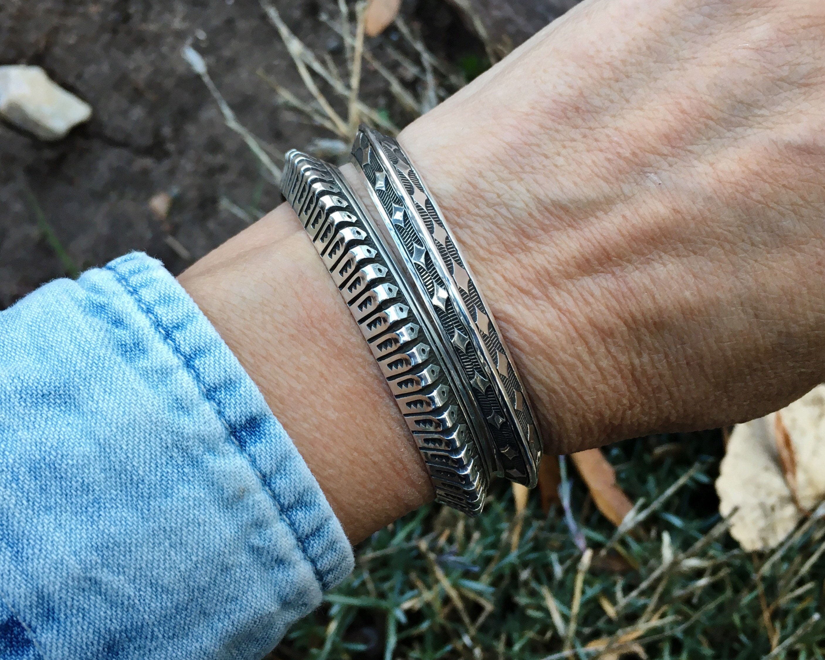 Signed Navajo Sterling Silver Stacking Bracelet for Women Small Wrist