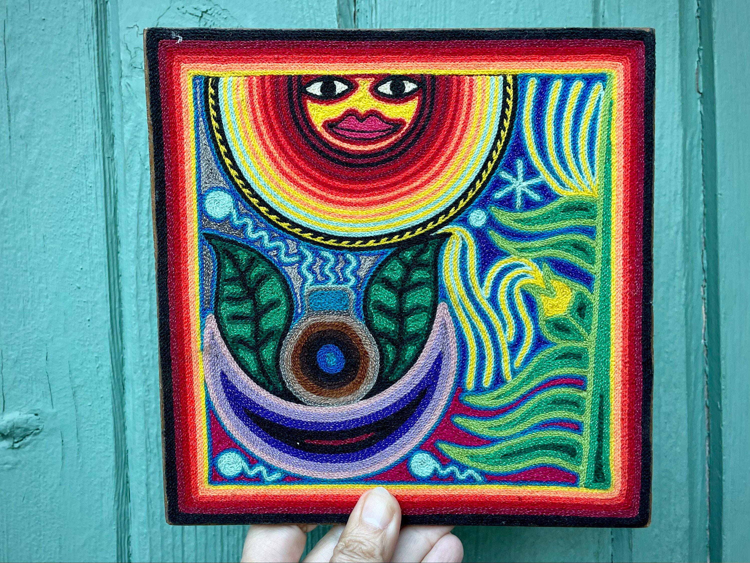 8 x 8 Huichol Yarn Art Painting Blessing of the Sun, Mexican Folk
