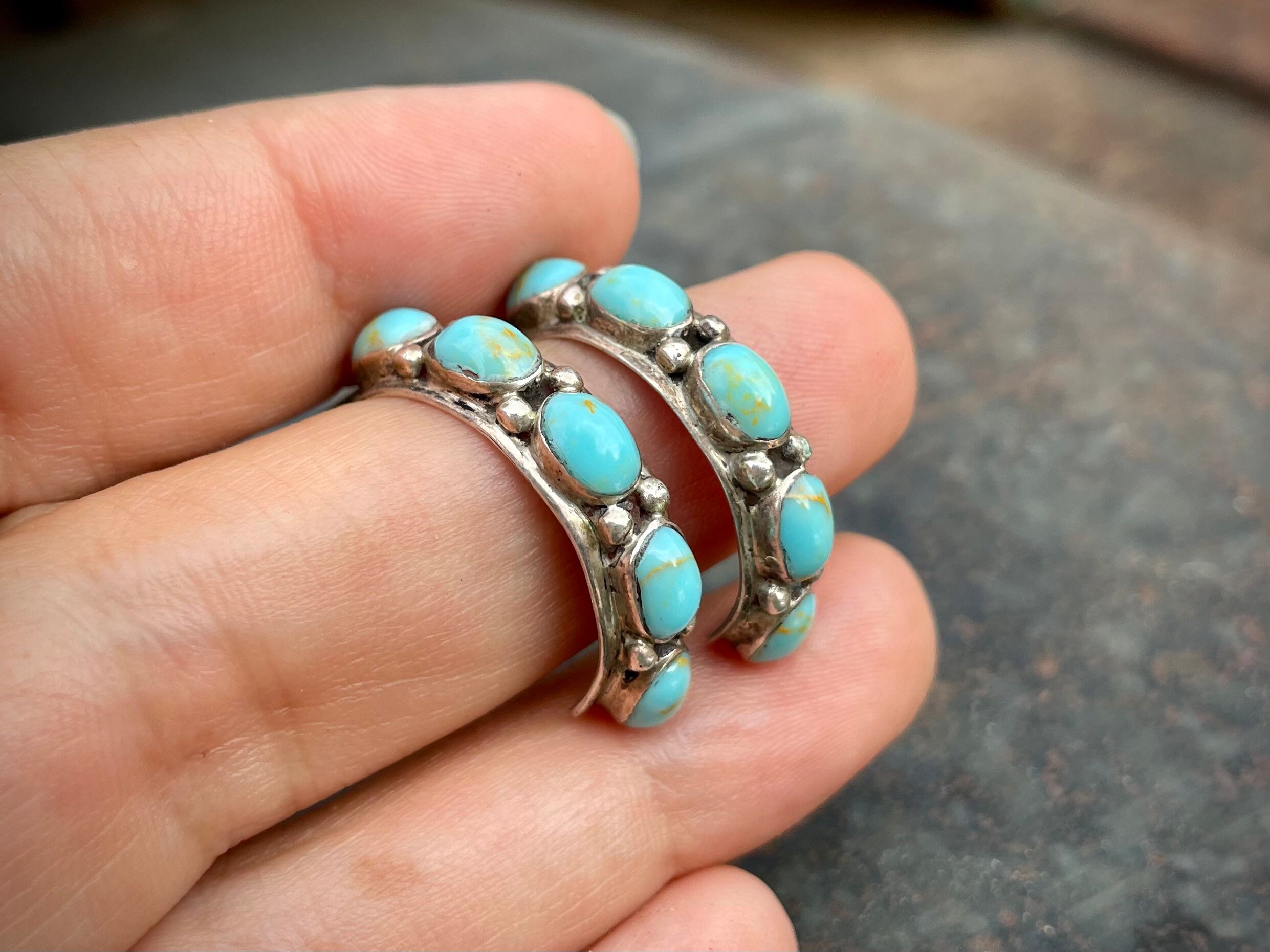 Vintage Sterling Silver Turquoise Earrings Half Hoops Navajo