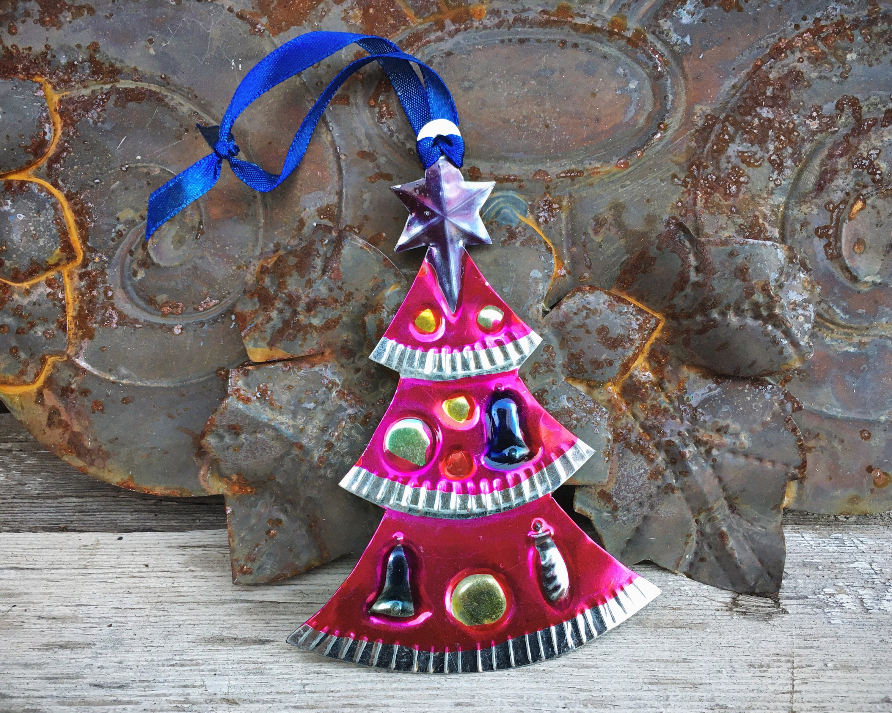 Mexican Tin Ornament of Christmas Tree, Hacienda Inspired Holiday