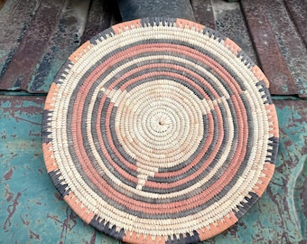 Vintage West African Coiled Shallow Flat Basket Mat of Hausa People in Nigeria, Bohemian Tribal Decor Table, Natural Organic Home Decoration