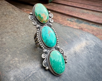 Three-Stone Turquoise Sterling Silver Ring Approx Size 7.75, 2.75" Long, Horseshoe Hallmark