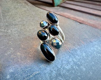 Lilly Barrack Dark Gemstones Silver Wraparound Ring Approx Size 7.5, Onyx Obsidian