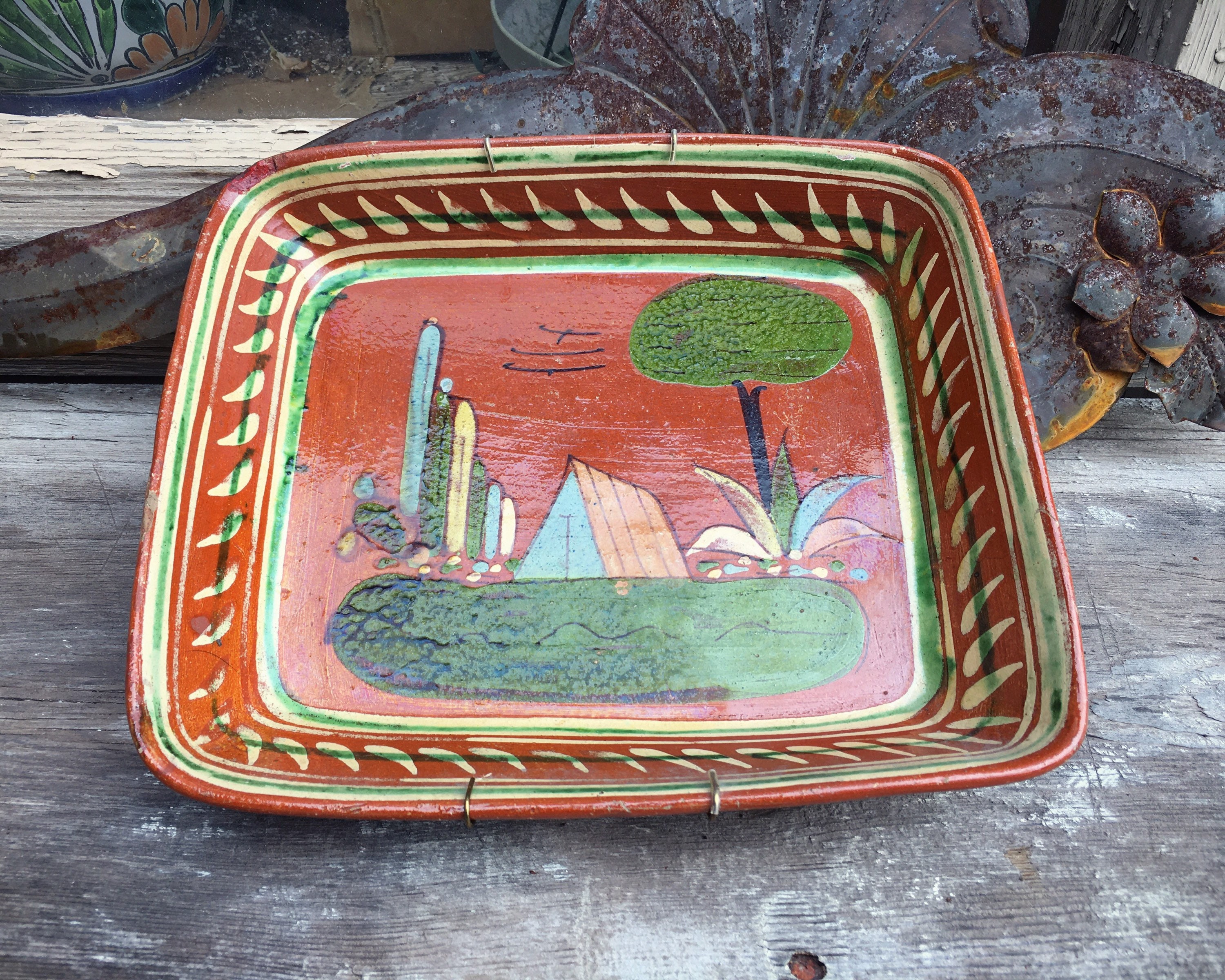 Old Mexican Pottery Tlaquepaque Dish with House Design, Wall Plate
