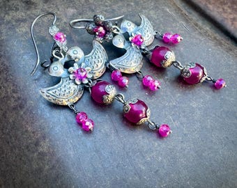 Federico Jiménez Sterling Silver Dove Chandelier Earrings, Purple Pink Crystals