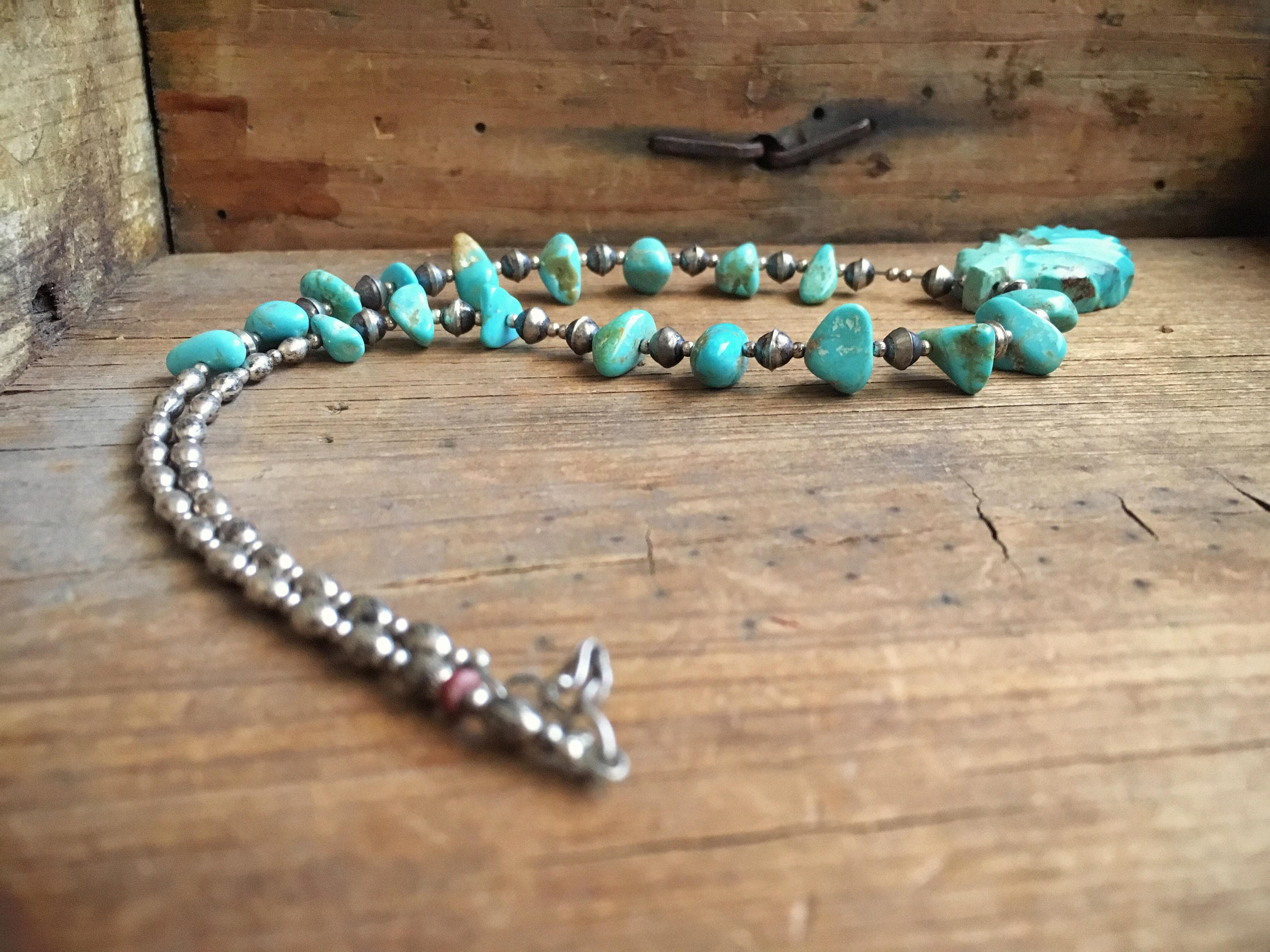 Vintage handcarved turquoise leaf pendant turquoise silver bead