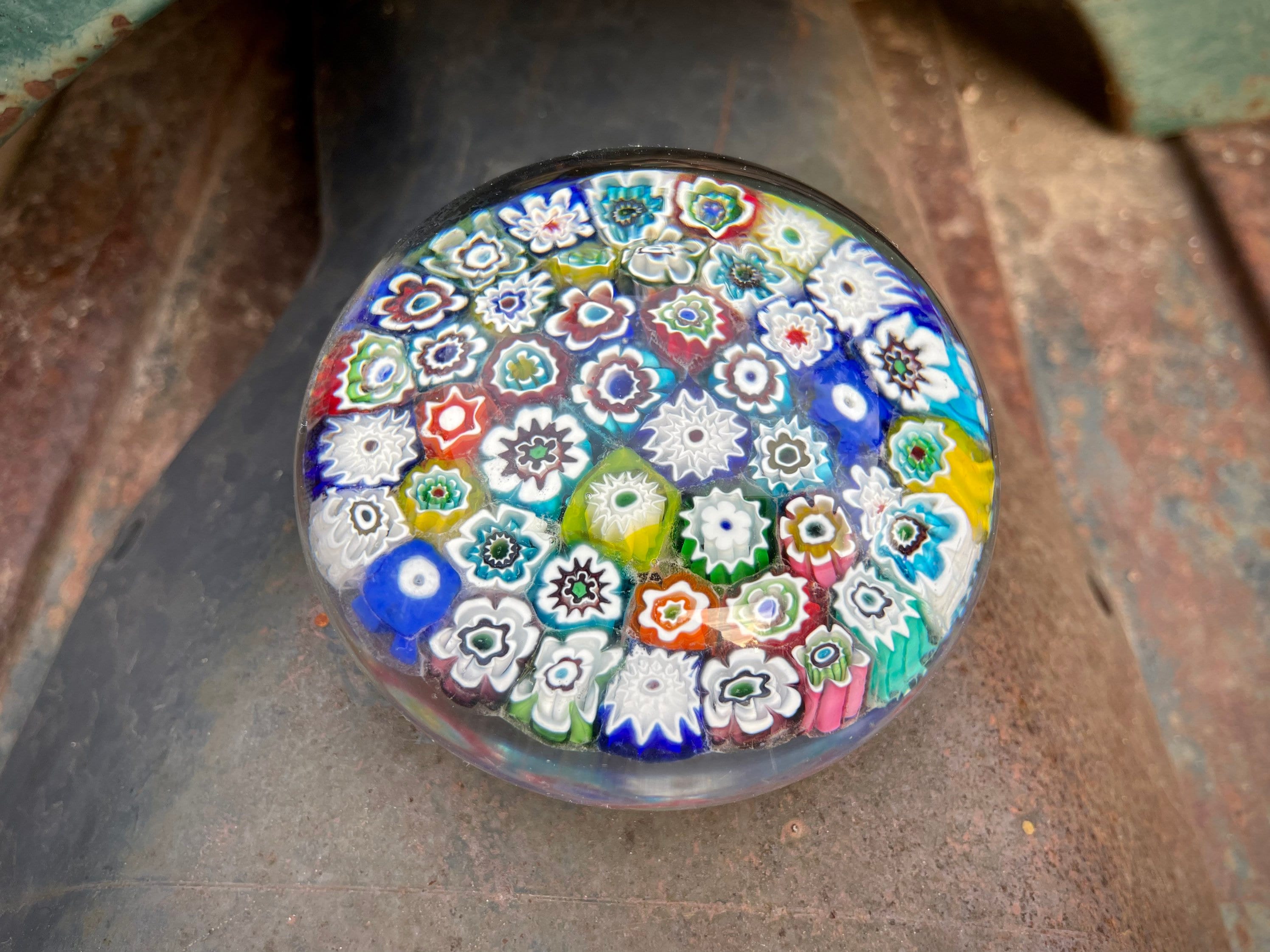 Vintage Art Glass Paperweight with MultiColor Millefiori Carpet Design