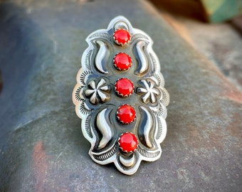 Huge Sterling Silver and Coral Concho Shield Ring Size 9 (Adj), Navajo Native American Indian