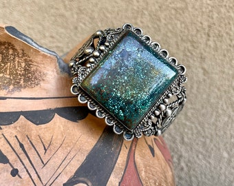 Vintage Micro Spiderweb Turquoise Cuff Bracelet Sterling Silver, Square Shape, Fred Harvey Era Style, Southwestern Native American Jewelry