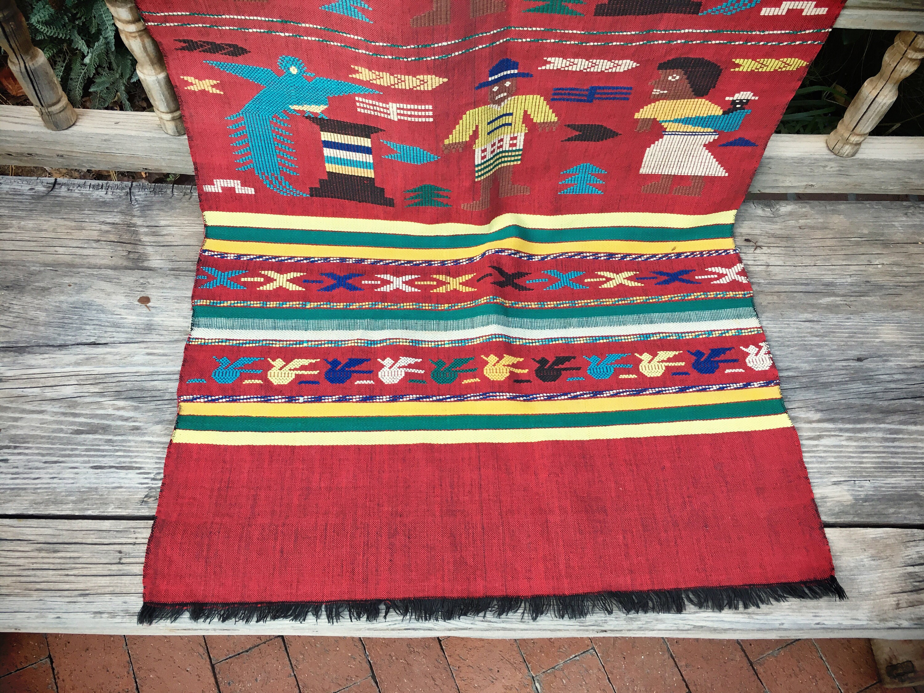Vintage 22 x 48 Mexican table runner embroidered and woven tapestry ethnic bohemian decor