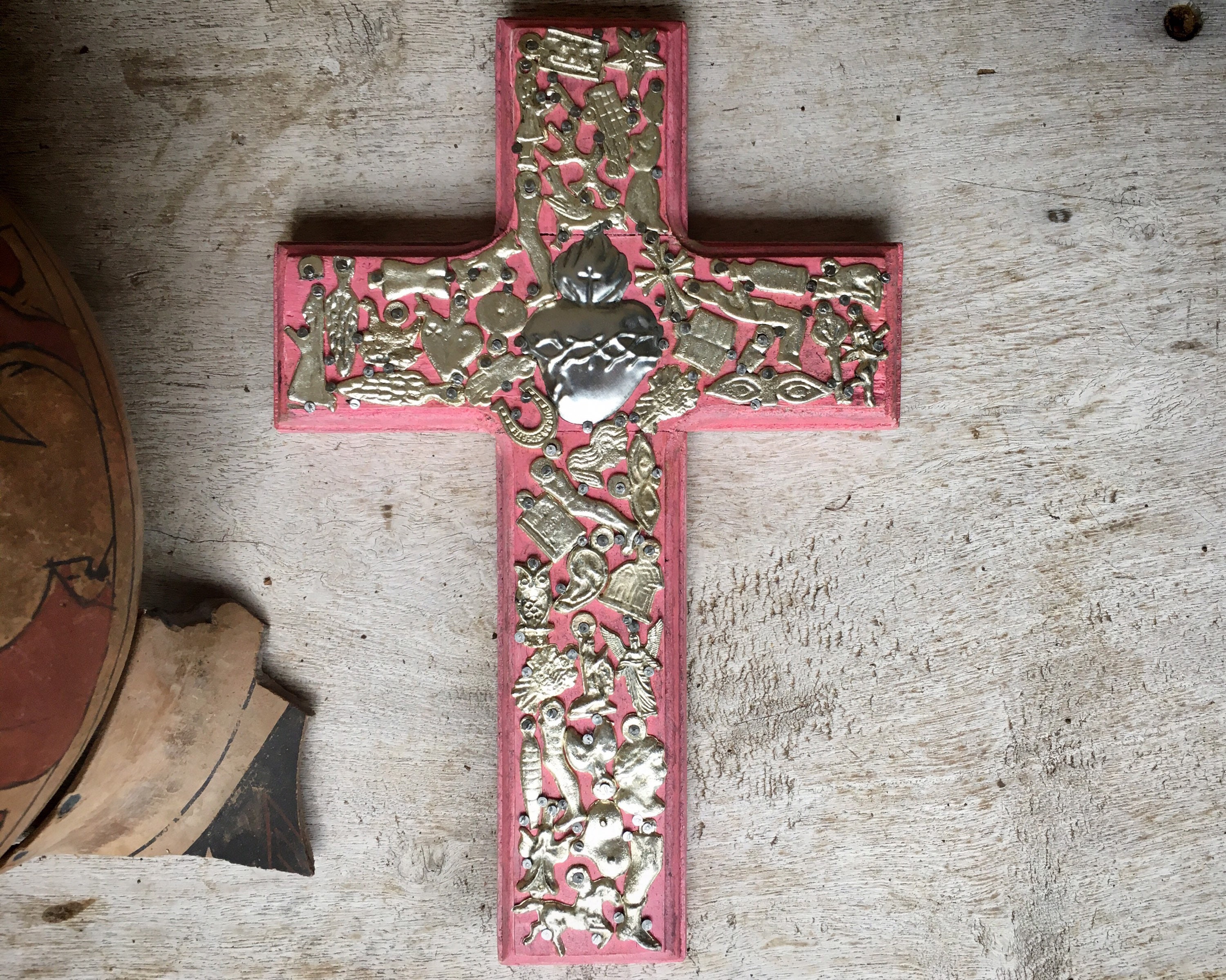 Mexican Milagro Wall Cross with Milagros Amulets, Lucky Charms, Miracle
