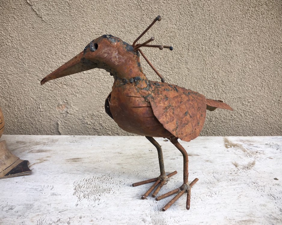 Vintage Metal Folk Art Bird Crow or Peacock Statues, Chicken Gifts Bird