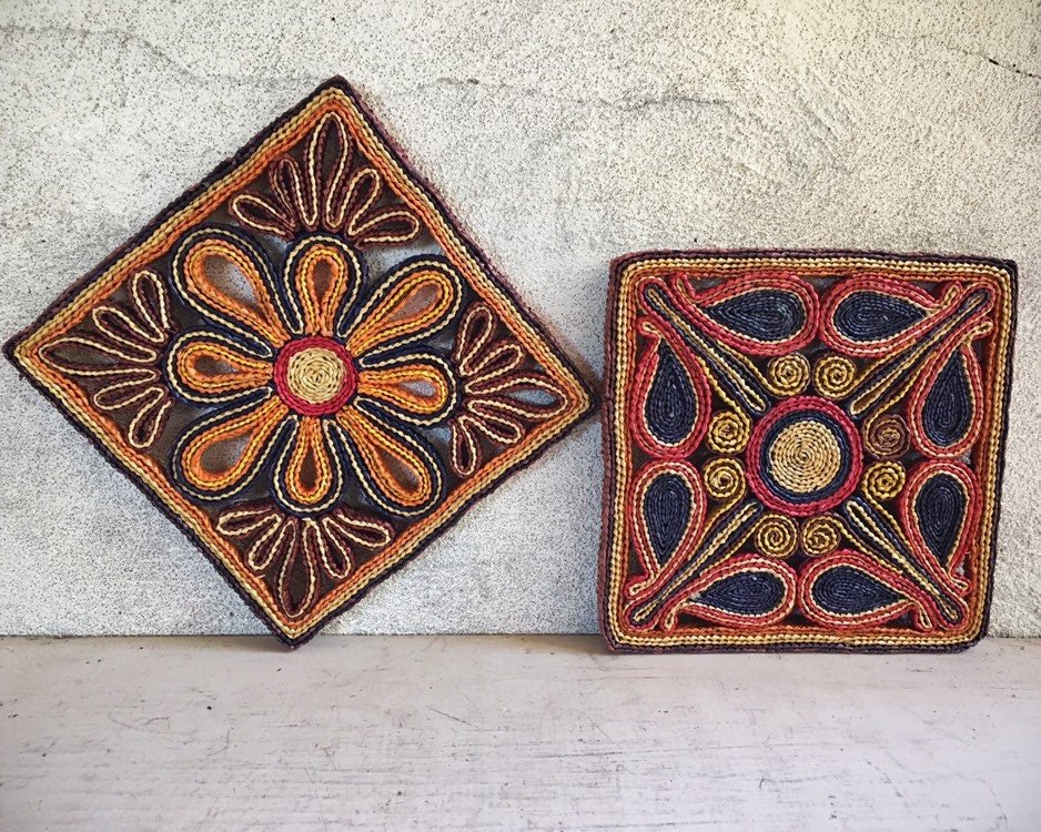 Pair of Woven Straw Rattan Trivets Colorful Home Decor Organic ...