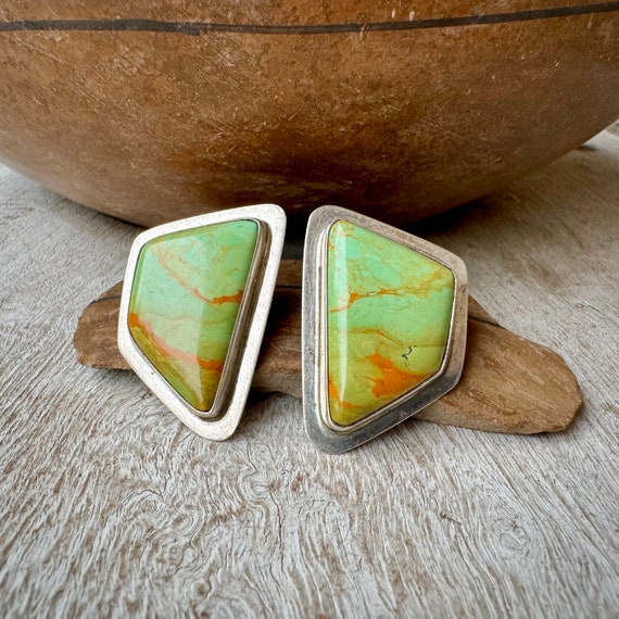 Long Rare Vintage Native American Zuni Green Turquoise Sterling Silver Native Americsn Earrings Long Rare Vintage Native American Zuni Green Turquoise Sterling Silver Native Americsn Earrings