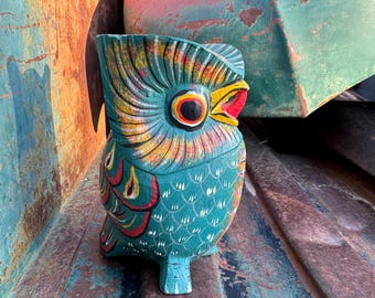 Vintage Owl Solid Wood Carving Teal Green 5.75", Circa 1980s Possibly Guatemala