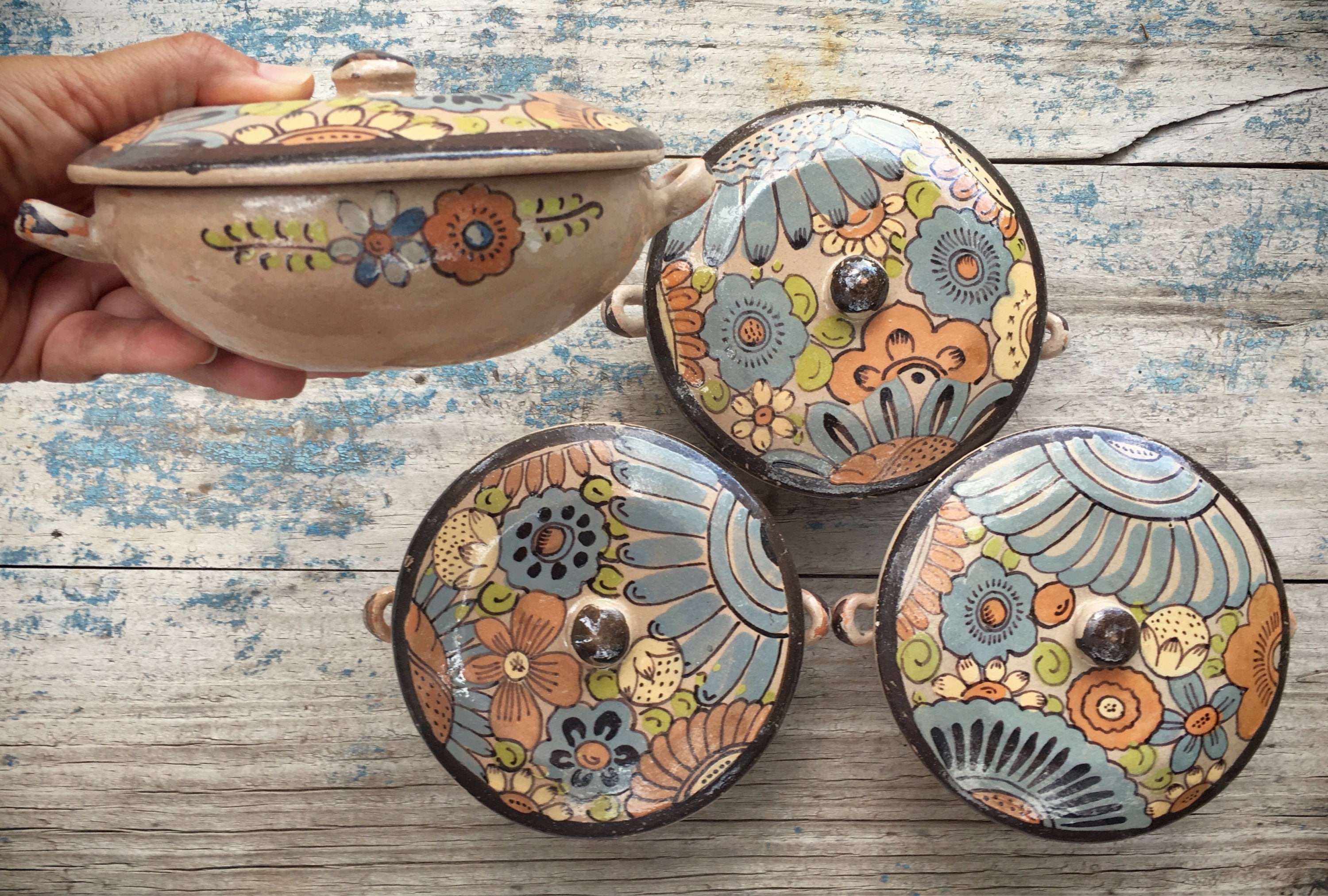 Vintage Mexican pottery small lidded pot early Tlaquepaque casserole