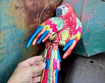 Vintage Distressed Faded Mexican Tin Parrot Folk Art Wall Hanging