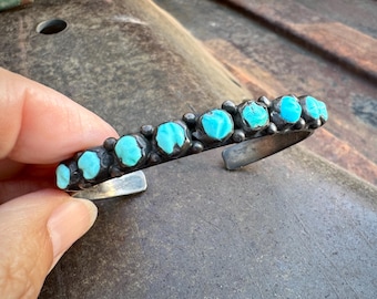 Vintage Carved Turquoise Row Bracelet Approx Size 6.25, Zuni Navajo Style Old Pawn