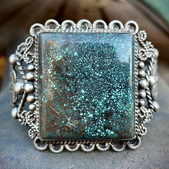 Vintage Micro Spiderweb Turquoise Cuff Bracelet S… - image 4