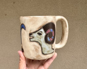 Vintage Mara Mexico Ceramic Mug with Ram for Aries Zodiac, Southwestern Style Pottery Coffee Cup, April Birthday Gifts for Friend Neighbor