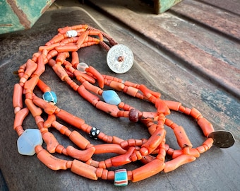 Coral Multi Strand Necklace Approx 19", Moroccan Aluminum Coin Closure
