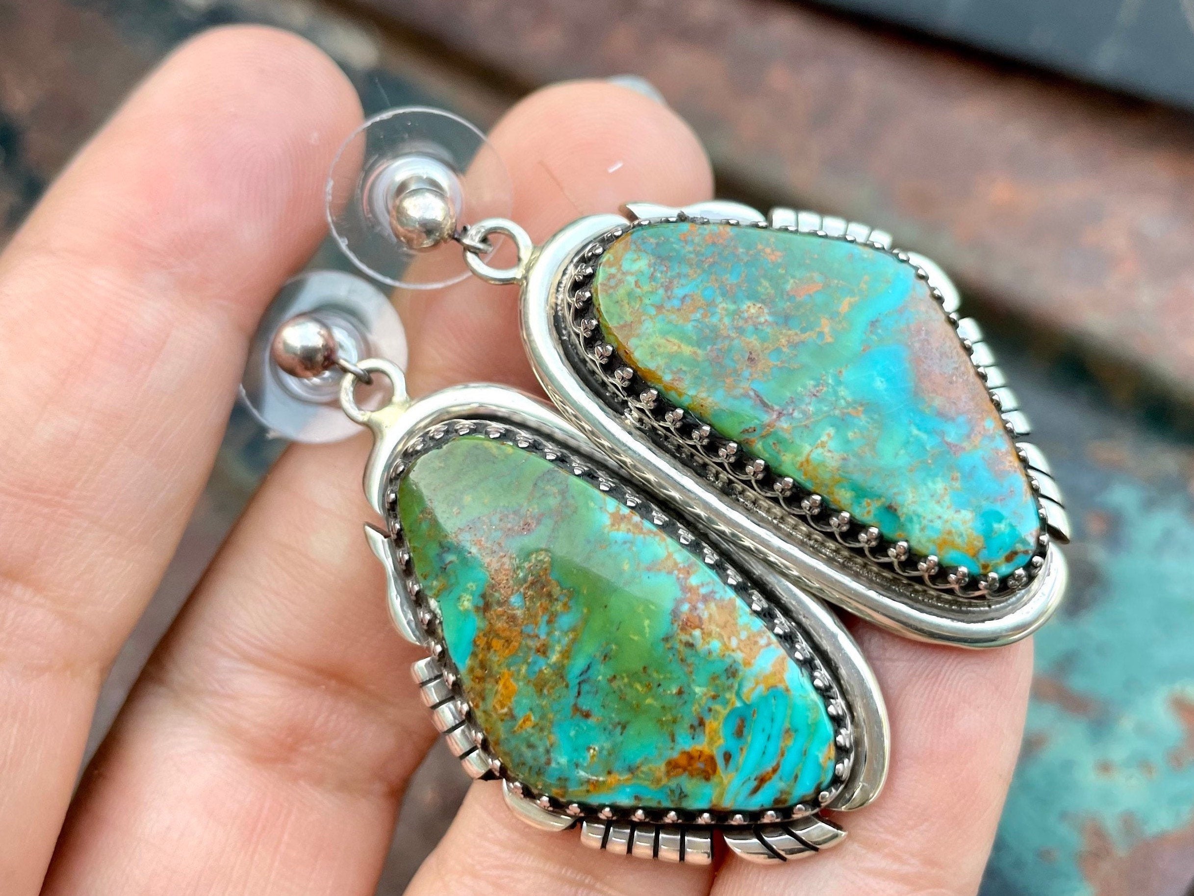Gorgeous Huge Santo Domingo Squared Royston Turquoise Native American Jewelry Silver Earrings Gorgeous Huge Santo Domingo Squared Royston Turquoise Native American Jewelry Silver Earrings