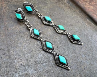 Sterling Silver Turquoise Post Earrings 2.25" Long Dangles Lightweight, Vintage Zuni Style