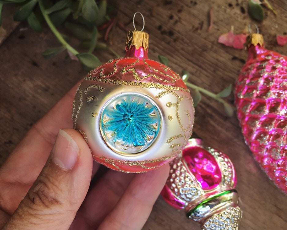 Three Vintage Mercury Glass Ornaments For Christmas Tree Pink And