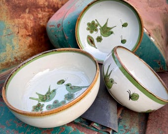 Vintage El Palomar Studio Pottery Bowls Three Pieces Green Bird Butterfly Flower