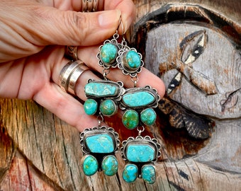 Vintage Navajo Ella Peter Turquoise Earrings Dangle to Approx 4" and 42g, Native American Jewelry