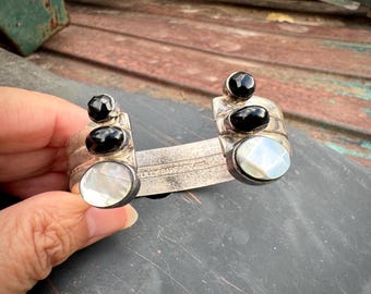 Lilly Barrack Sterling Silver Black Onyx & Abalone Open Cuff Approx 6.5", Modernist Bracelet