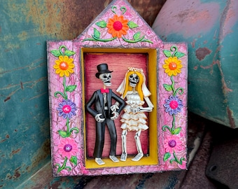Vintage Day of Dead Calavera Wedding Couple in Wood Shrine, Skeleton Southwestern Altar Decor