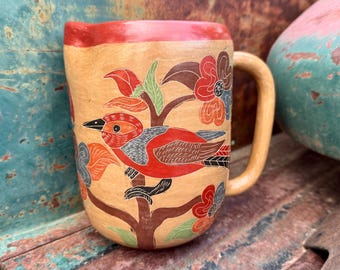Vintage Nicaraguan Incised Pottery Vase w/ Bird Design, Wooden Spoon Holder, Southwest Decor