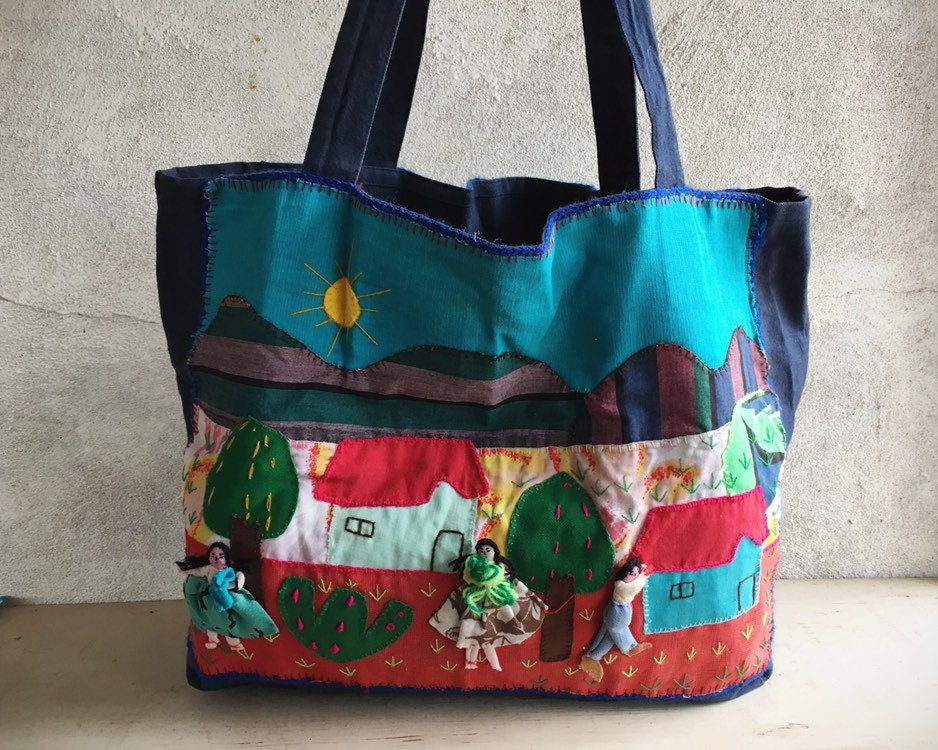 Arpillera Textile Folk Art Tote Bag from Peru Textiles, Applique Quilt