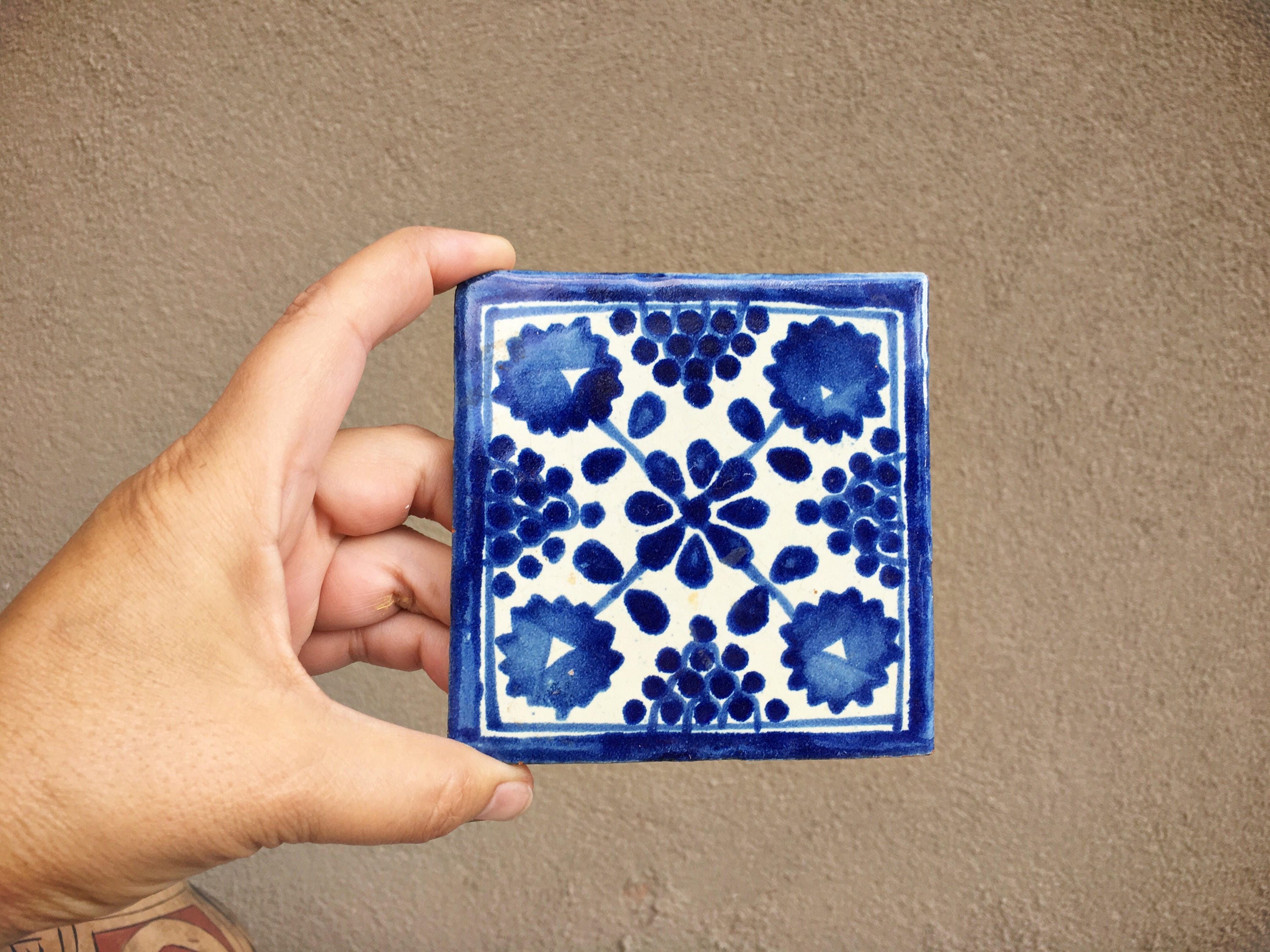 Four vintage 4 x 4 Mexican ceramic tiles rustic home decor Mexican