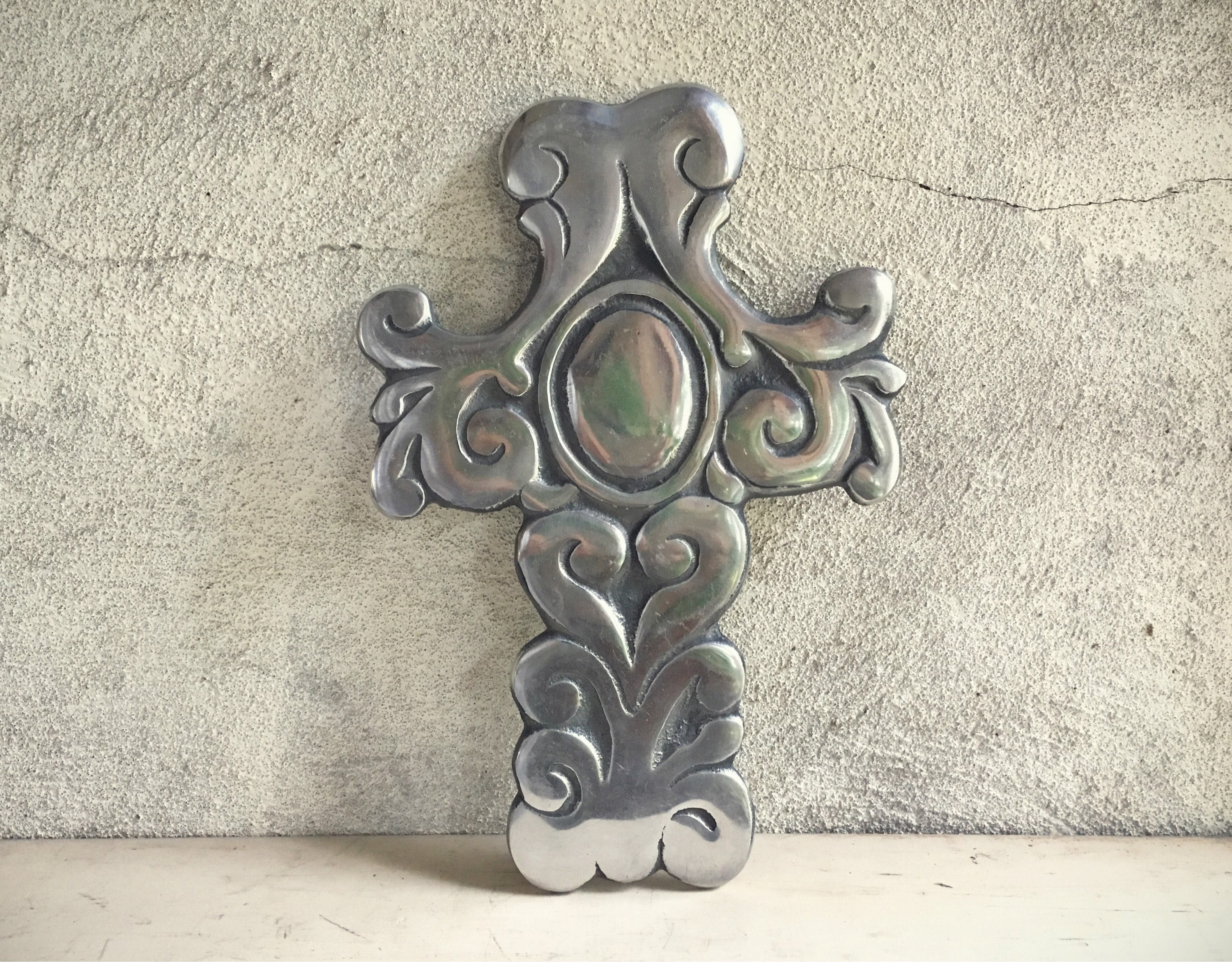 Three vintage wall crosses made of pewter wall hangings Spanish decor