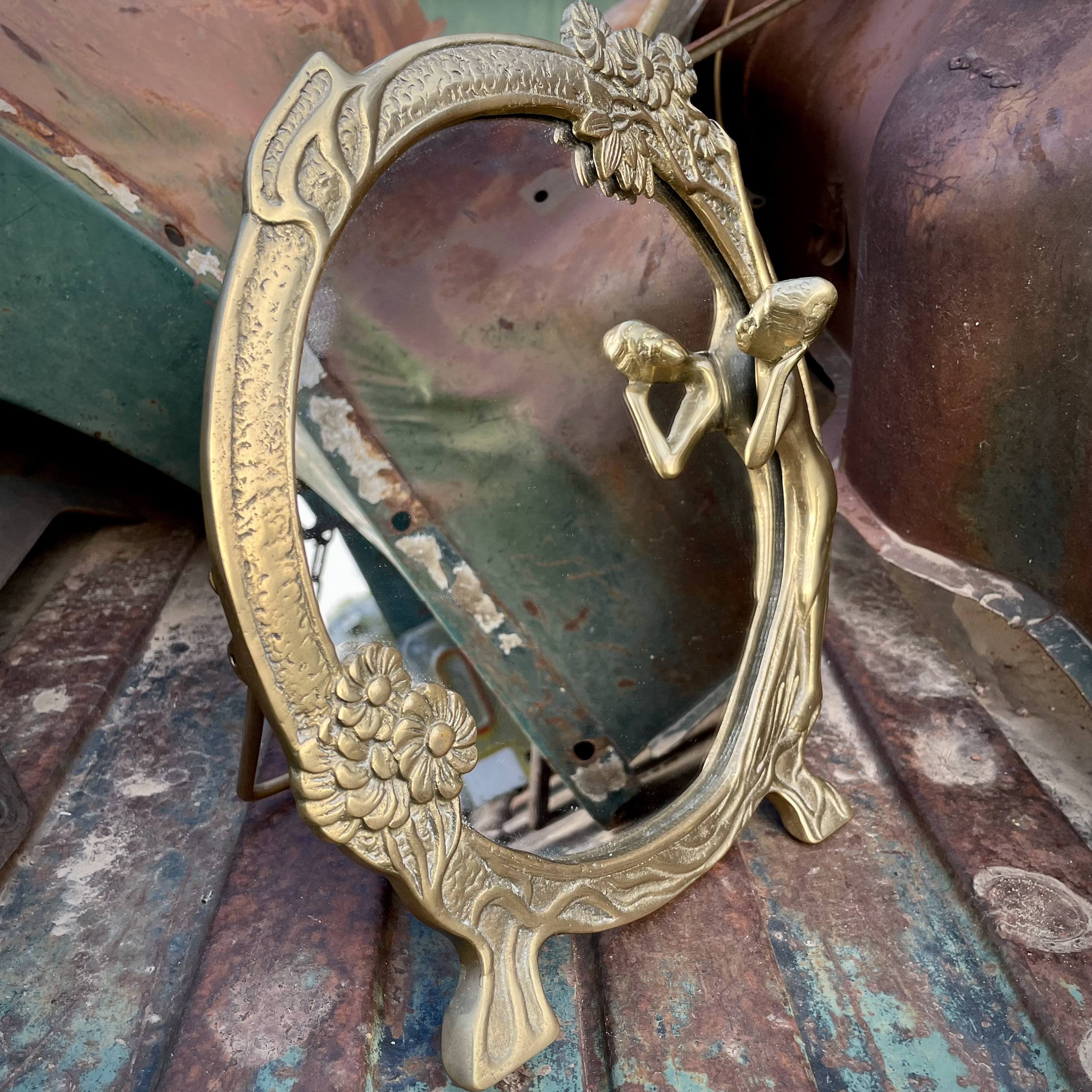 Vintage Brass Tabletop Mirror Art Nouveau Style with Lady in Gown