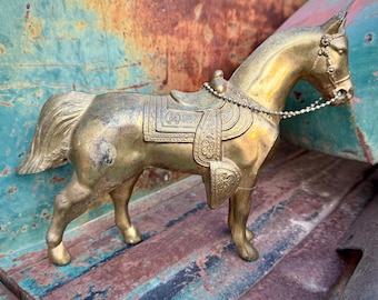 Large Vintage Gold Tone Cast Pot Metal Western Horse Statue, Carnival Fair Prize